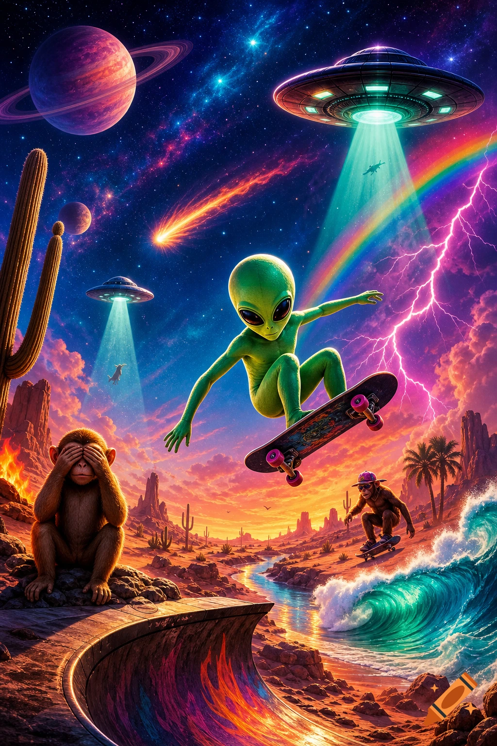 A vibrant, surreal desert landscape with a green alien skateboarding under a cosmic sky with planets, UFOs, a rainbow, and lightning. Monkeys are also present, one covering its eyes, another skateboarding on a wave.
