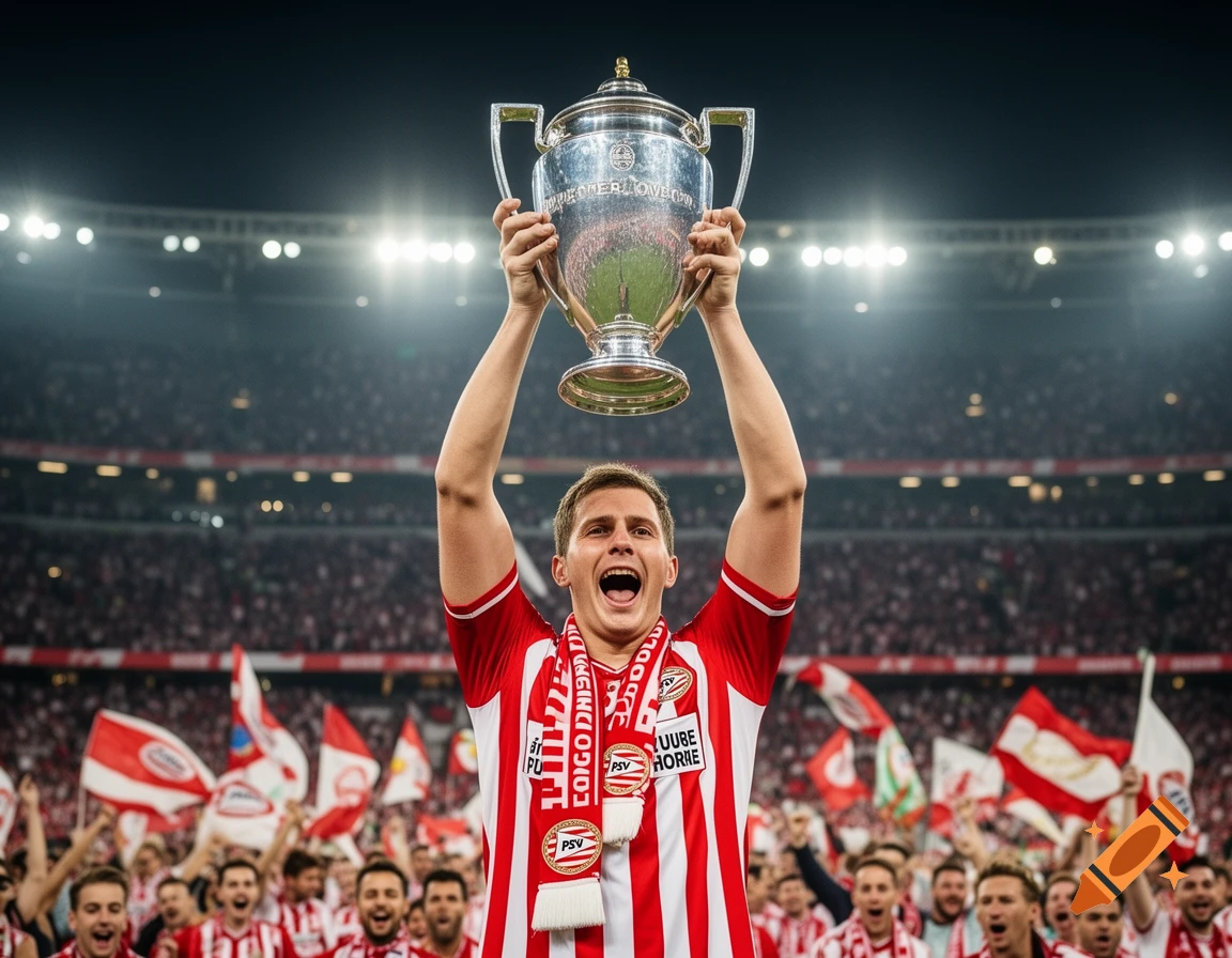 A jubilant male football fan in a red and white striped jersey holds a silver trophy above his head in a crowded stadium at night, with a red and white scarf around his neck.
