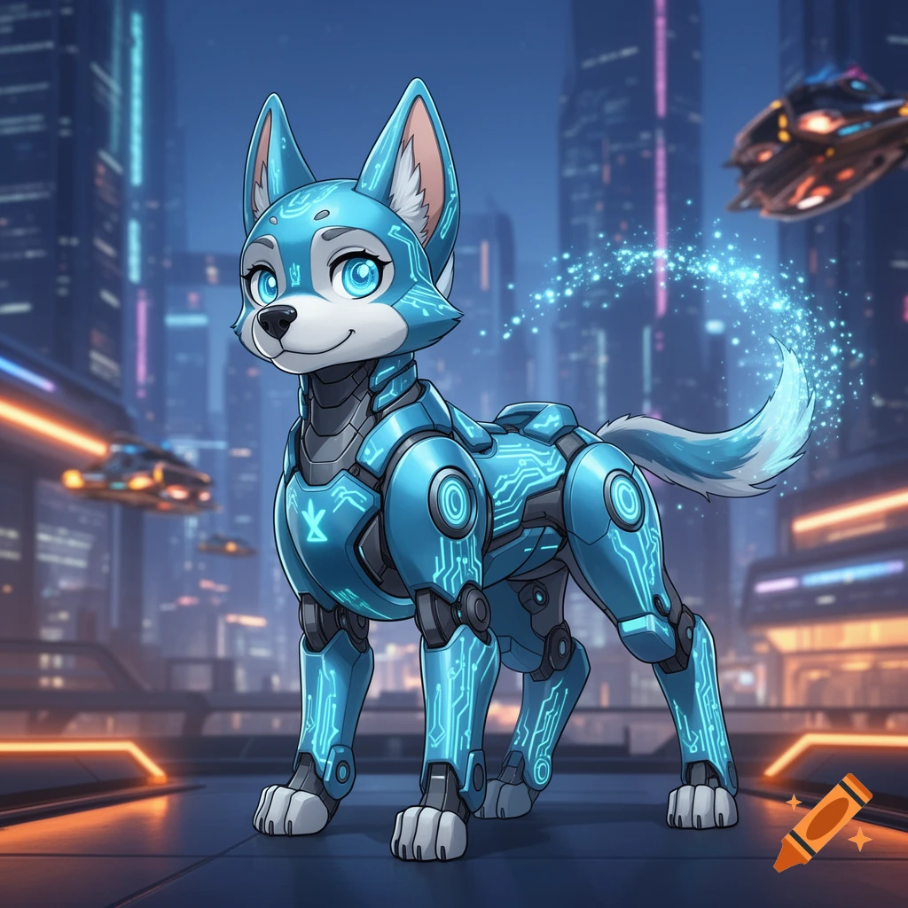 A cute blue robotic dog with glowing circuit patterns stands in a futuristic city with flying vehicles in an anime style.