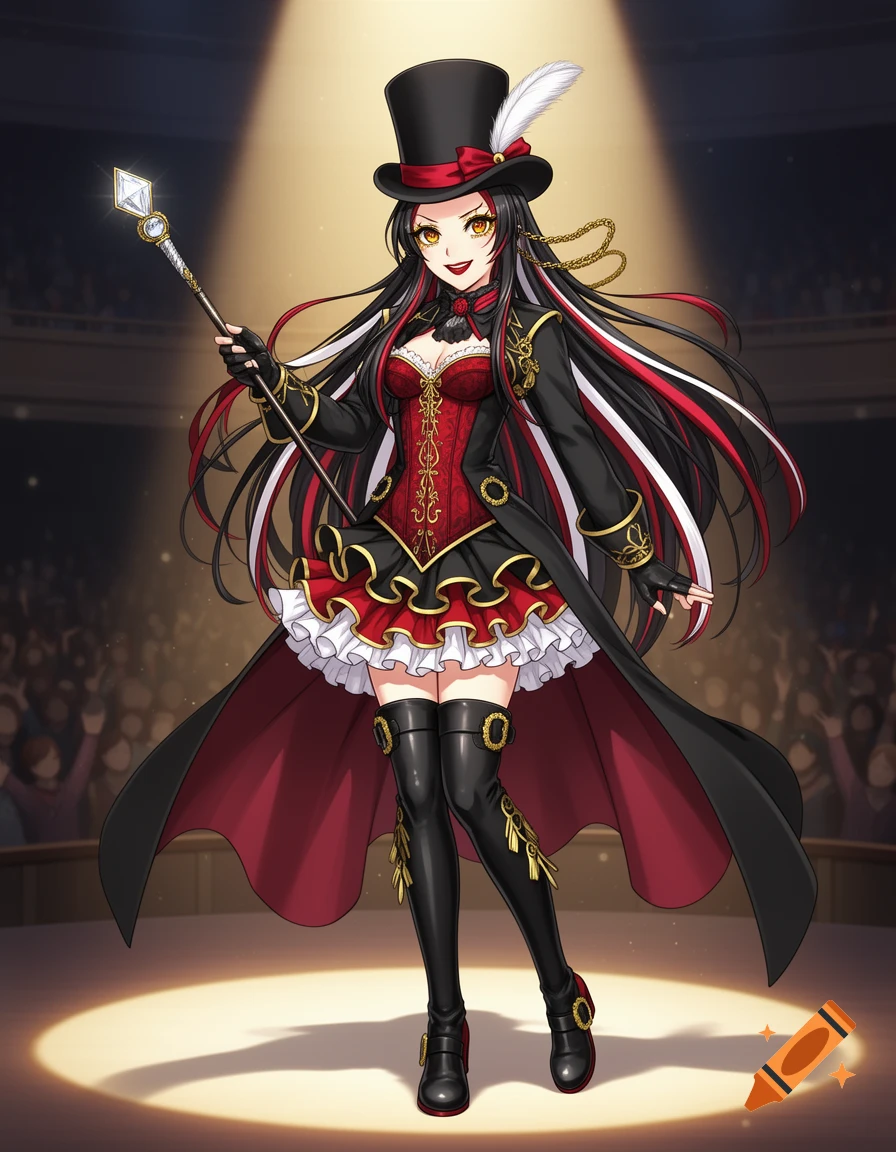 Anime woman in a ringmaster outfit, wearing a top hat and holding a jeweled cane, standing under a spotlight on a stage.