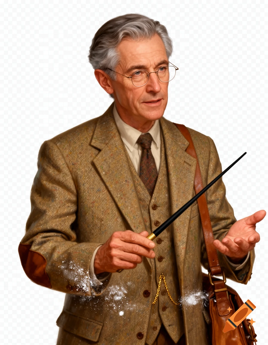 A gray-haired man in a tweed suit, glasses, and a satchel holds a magic wand with sparkling dust.