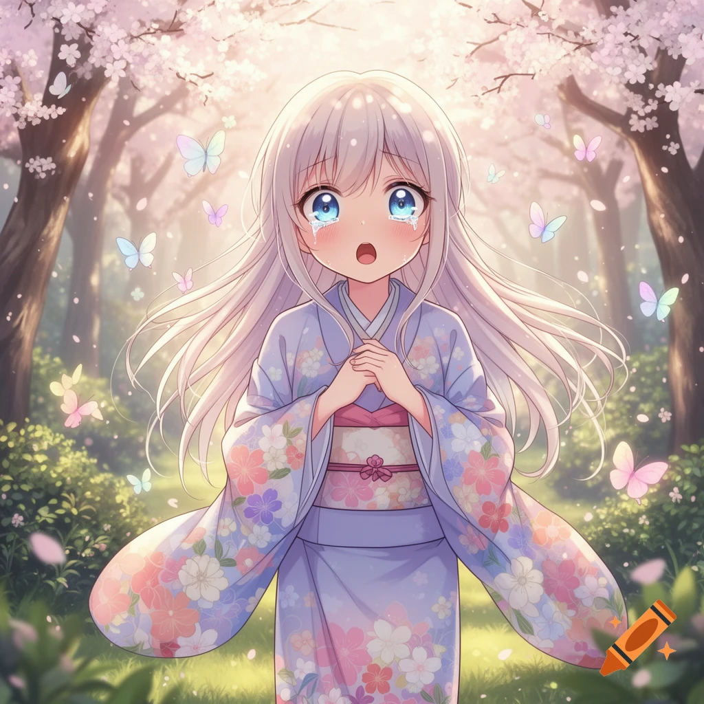 Anime girl in a floral kimono crying in a magical sakura forest with butterflies and falling petals.