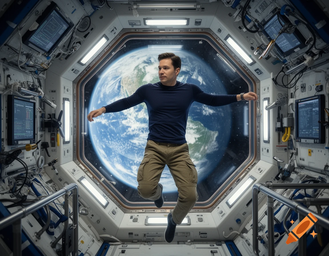 A man floats inside a space station, with Earth seen through a large octagonal window, in a photorealistic style.