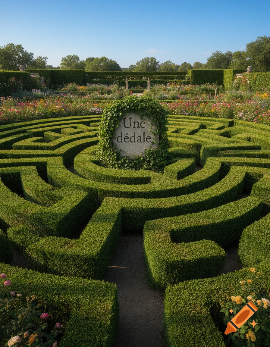 A beautiful garden maze with lush green hedges and a stone sign reading 'Une dédale' under a clear blue sky.