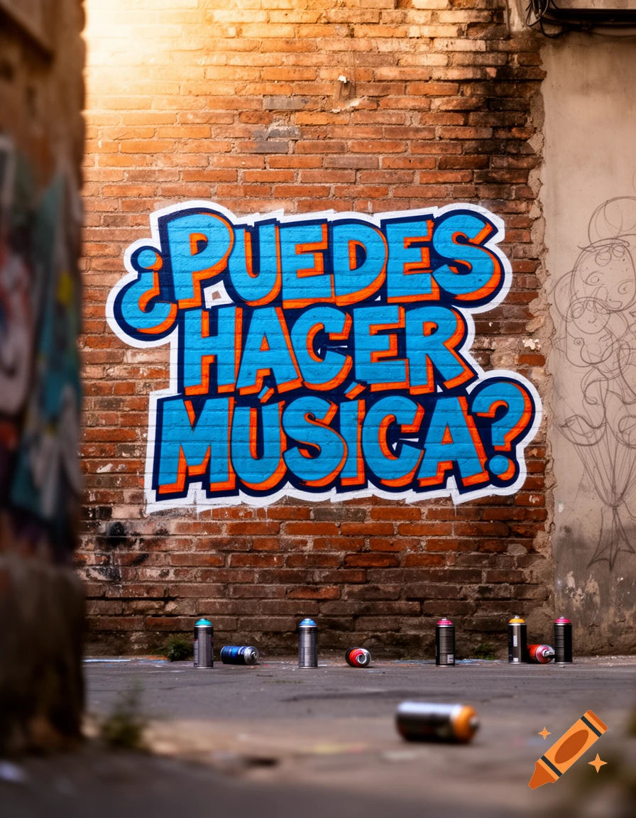 Photorealistic graffiti text '¿PUEDES HACER MÚSICA?' on a brick wall in a sunlit alley, with spray cans on the ground.
