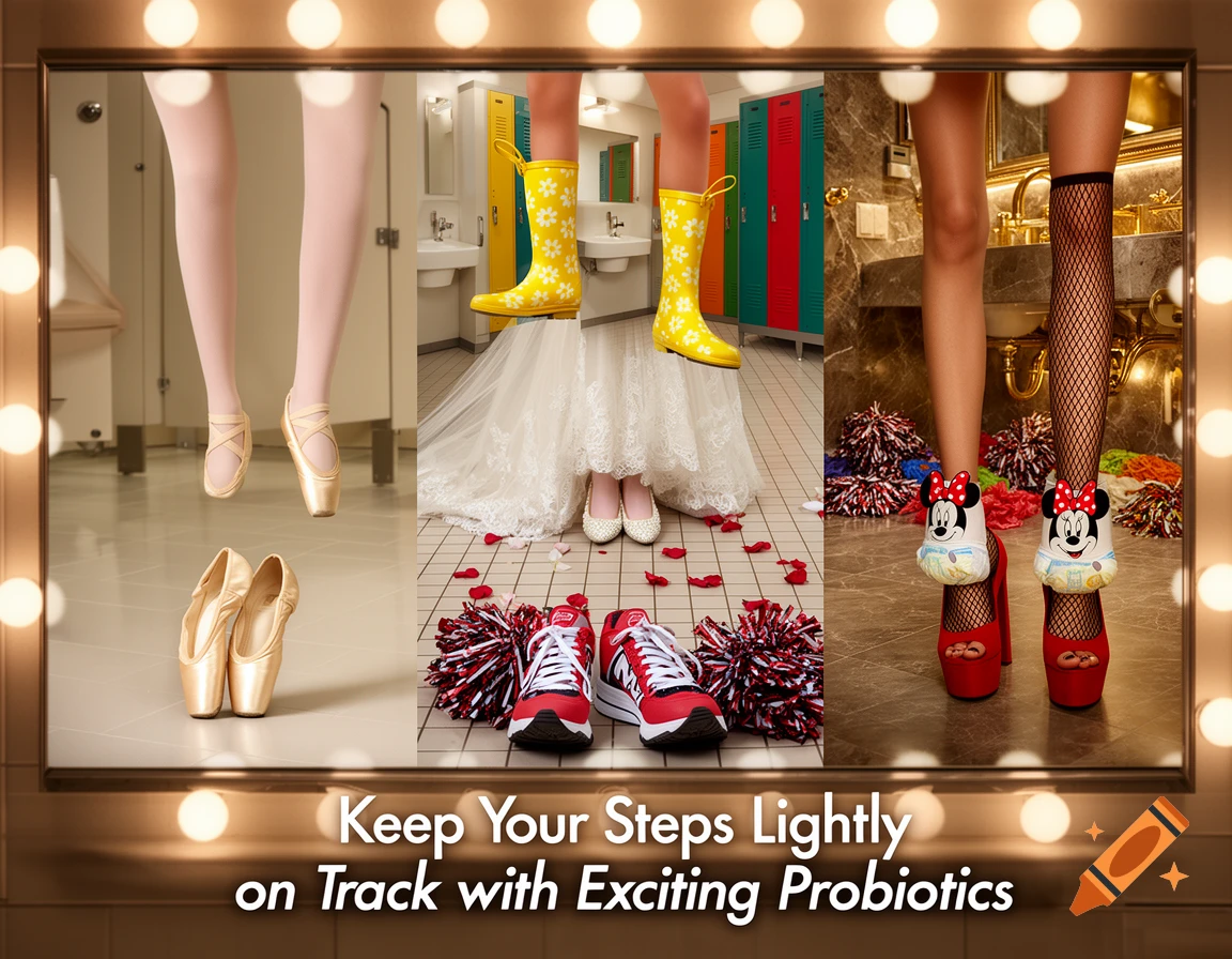 A humorous ad displaying various pairs of legs and shoes inside bathroom settings, framed by a lighted mirror. Scenes include a ballerina's feet, a young girl's rain boots, a bride's heels, a cheerleader's sneakers, and a woman in fishnets and red heels with a Minnie Mouse diaper on her ankles. Text at the bottom reads, "Keep Your Steps Lightly on Track with Exciting Probiotics."
