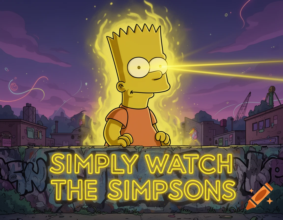Cartoon Bart Simpson with yellow laser eyes and aura, above a graffiti wall with glowing "SIMPLY WATCH THE SIMPSONS" text, set in a stylized urban landscape at dusk.
