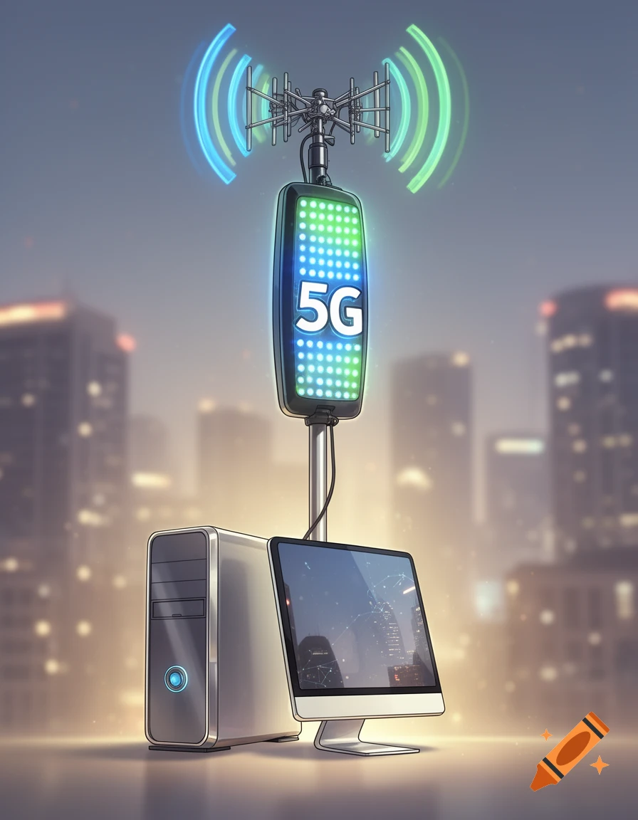 A large 5G receiver pole with '5G' on a display, connected to a computer and monitor against a blurred city skyline.