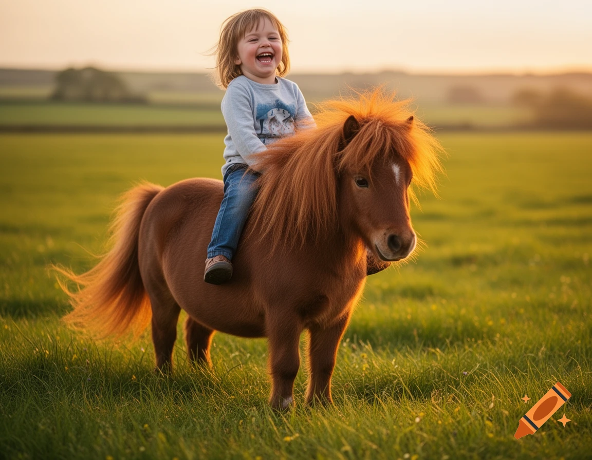A happy toddler with wind-swept hair sits atop a small brown pony in a sunlit green field at sunset.