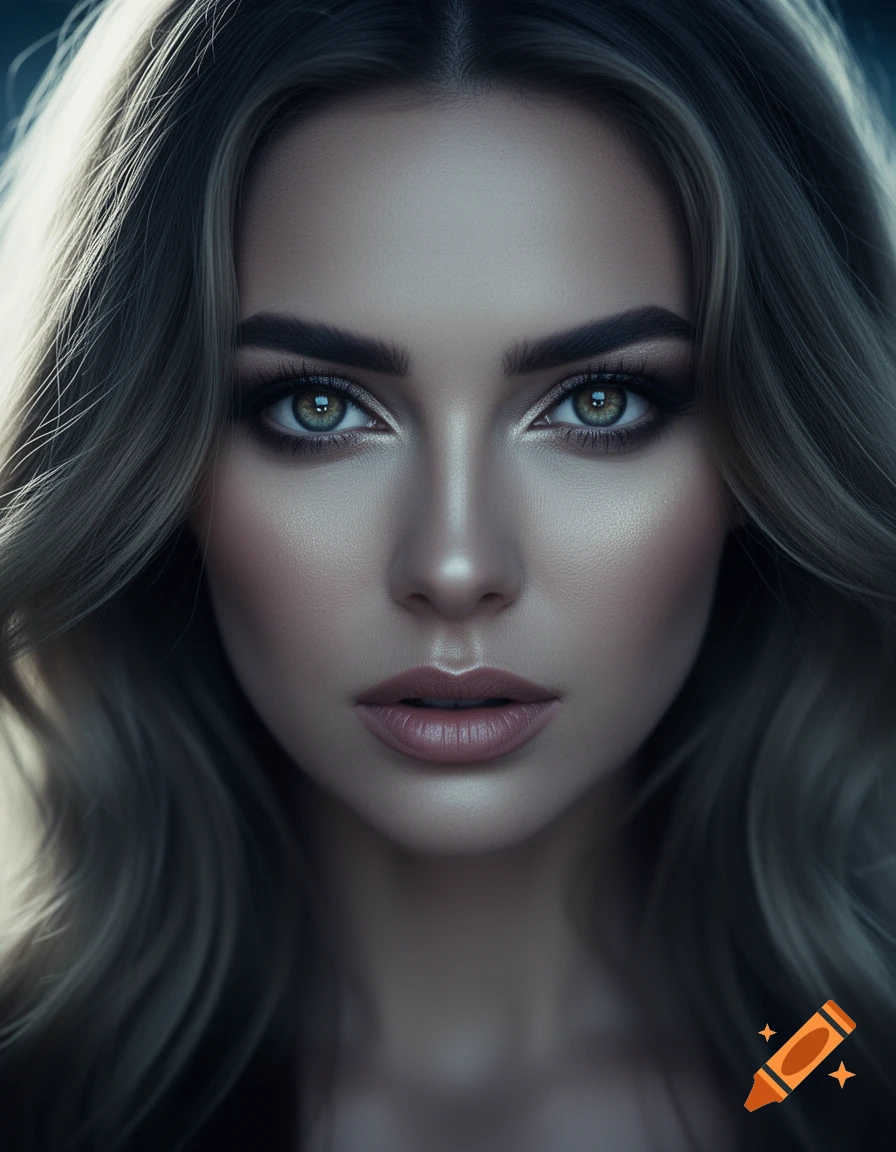Close-up, photorealistic portrait of a woman with striking green eyes and wavy blonde hair, looking directly at the viewer.