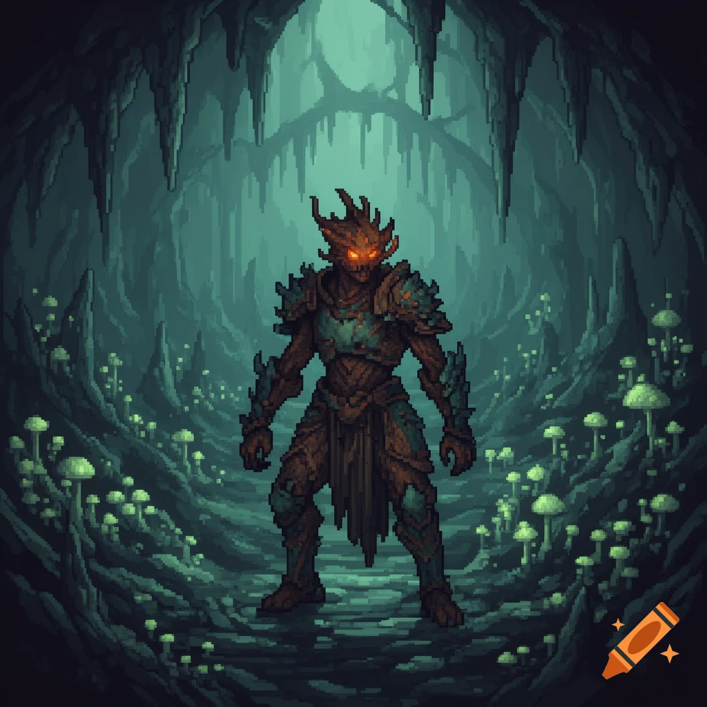 A pixel art image of a horned, armored creature with glowing red eyes standing in a dimly lit cave filled with glowing mushrooms.