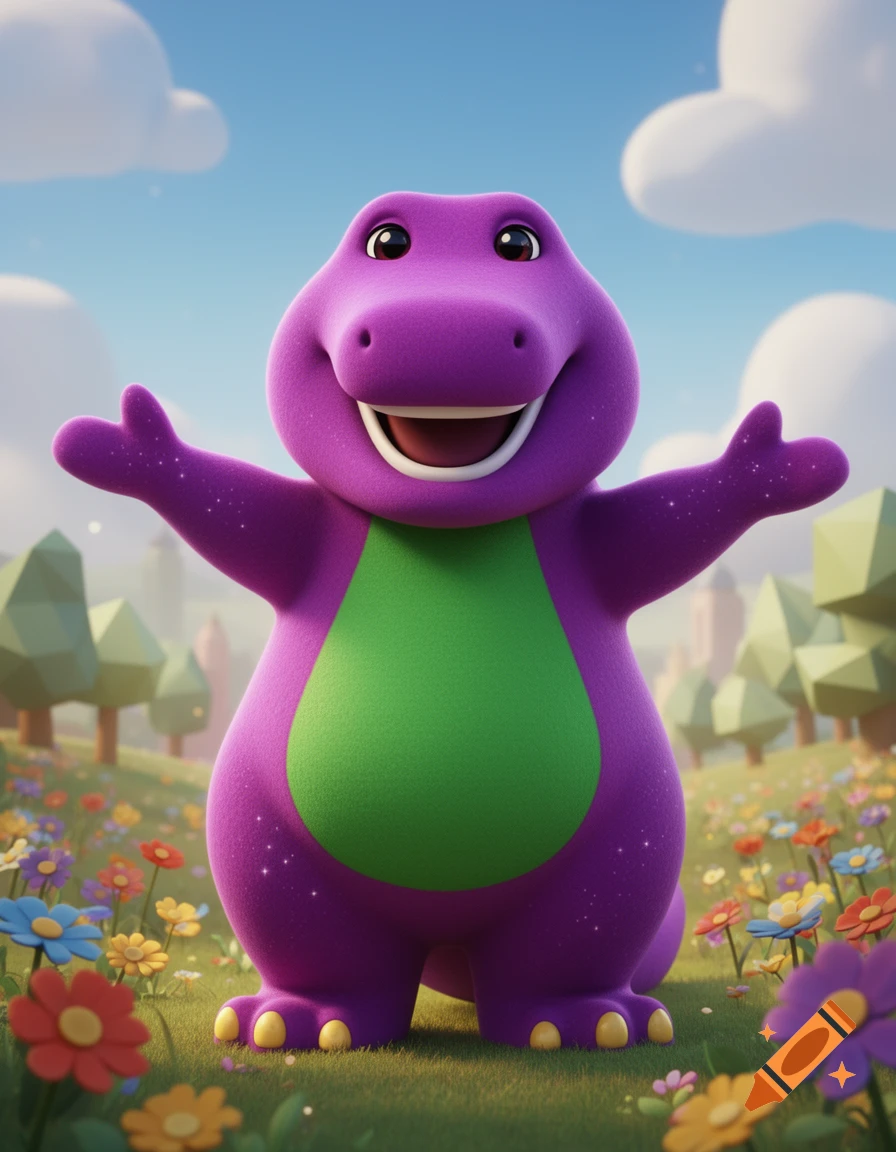 Smiling purple dinosaur Barney in a vibrant flower field under a blue sky, 3D cartoon style.