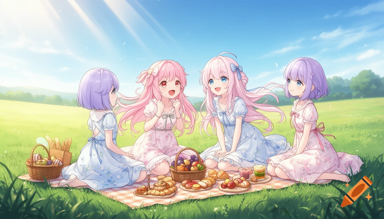 Four cute anime girls with colorful hair having a sunny picnic in a vibrant green field, surrounded by food and baskets.
