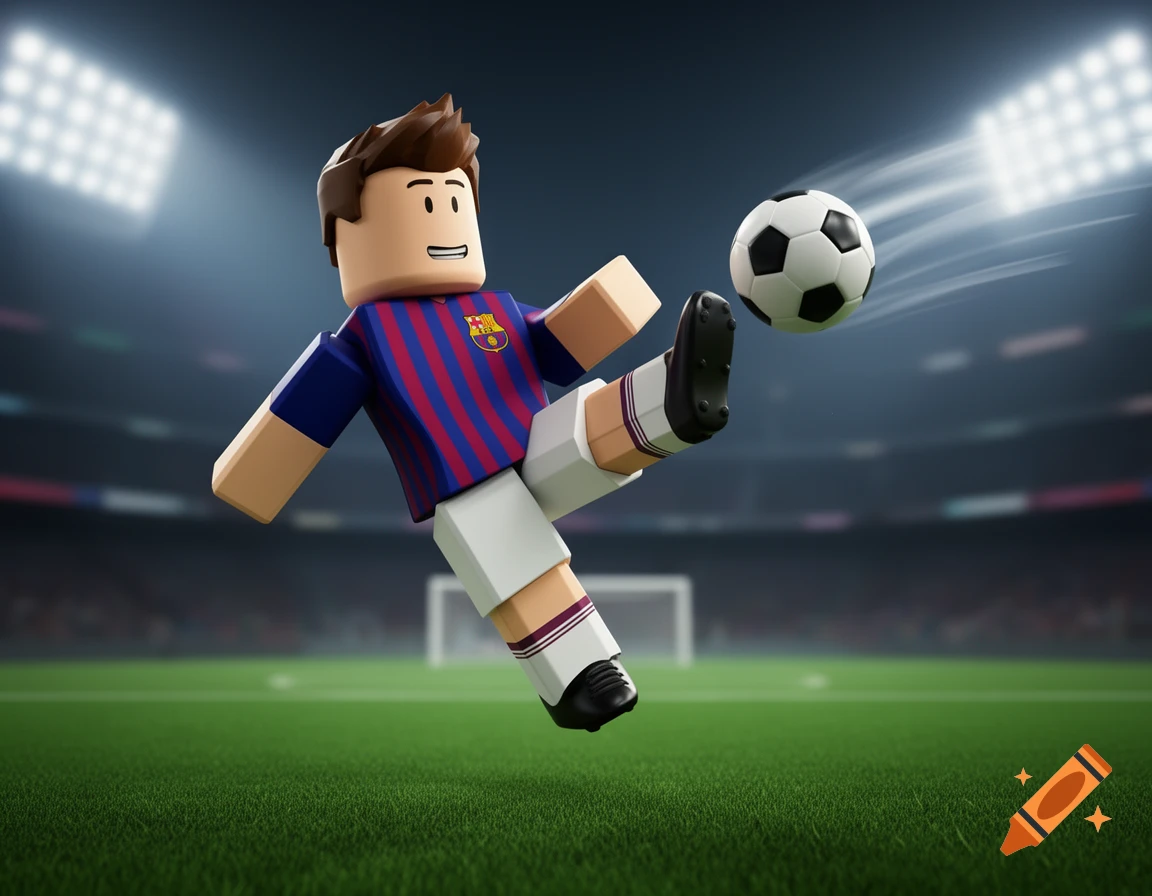 Roblox character in an FC Barcelona-style jersey kicking a soccer ball in a stadium.