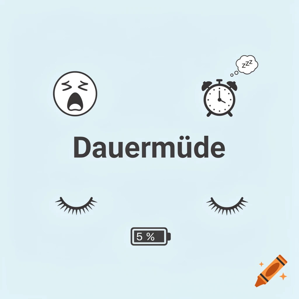 Minimalist graphic design with the German word "Dauermüde" (chronically tired), a yawning emoji, alarm clock with Zzz, closed eyes, and a 5% battery icon on a light blue background.