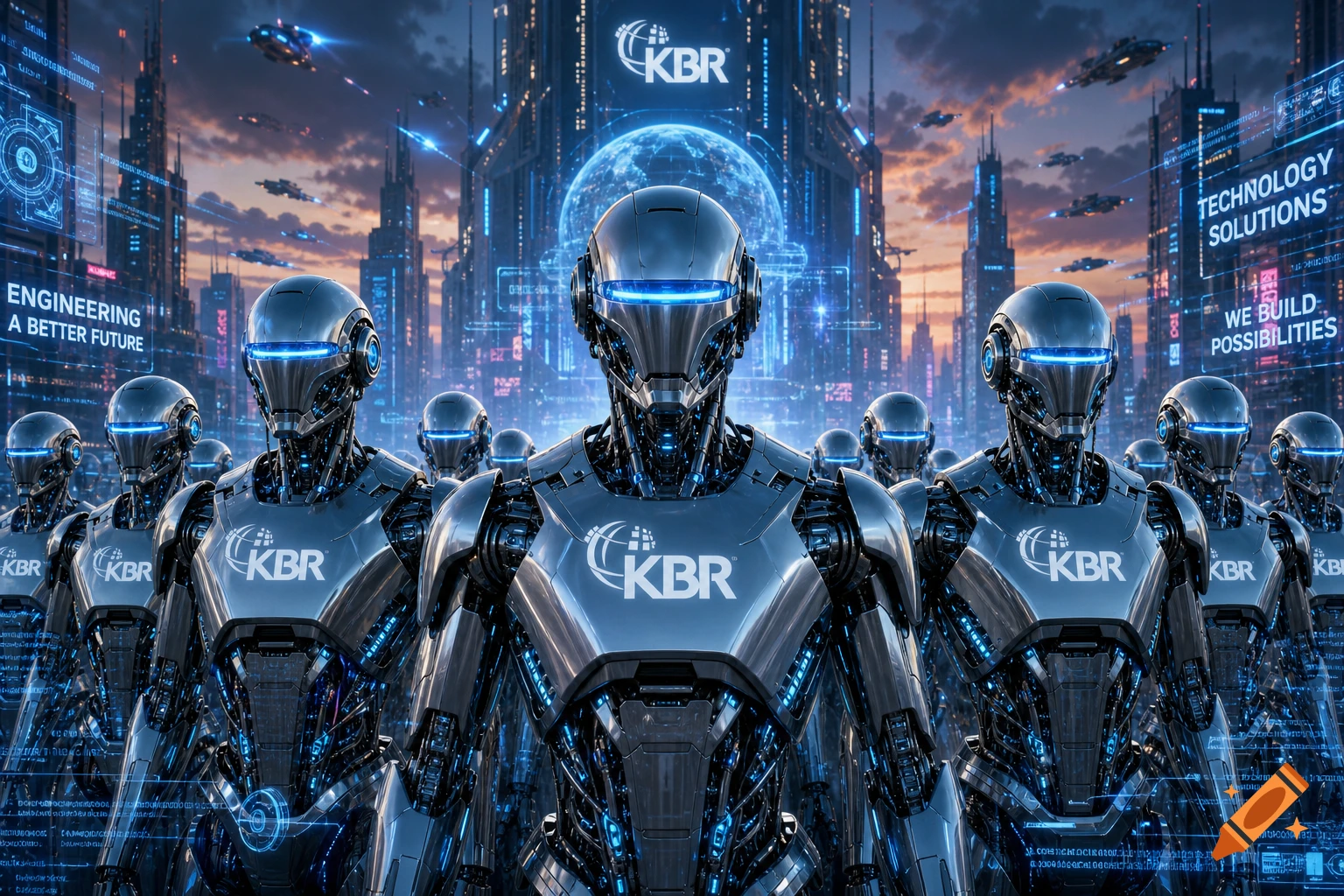 A futuristic scene featuring a squadron of metallic KBR-branded robots standing in a high-tech city with flying vehicles and glowing data screens.