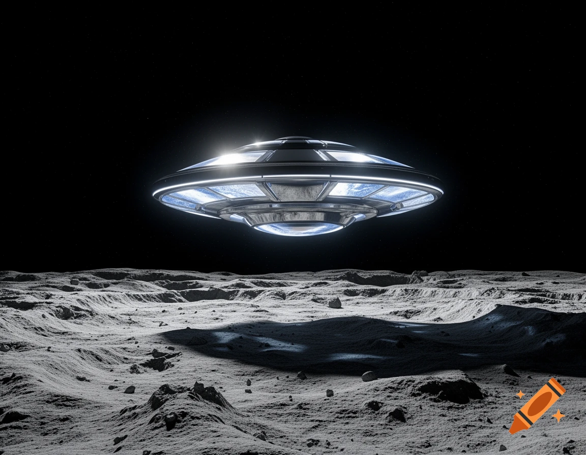 A glowing metallic UFO hovers above a rocky, cratered lunar surface against a dark space background.