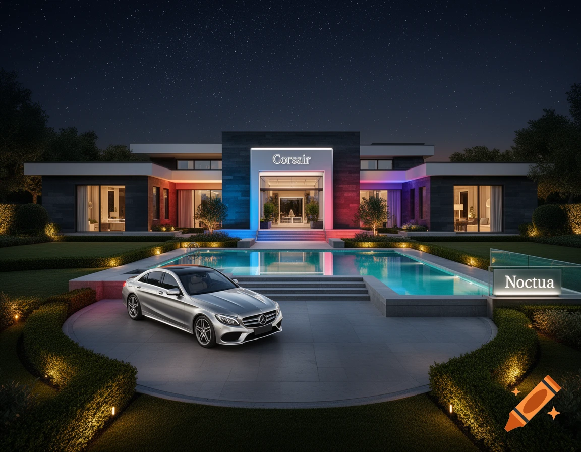 Modern luxury house with a pool, RGB lighting, a silver Mercedes, and 'Corsair' and 'Noctua' logos at night under a starry sky.