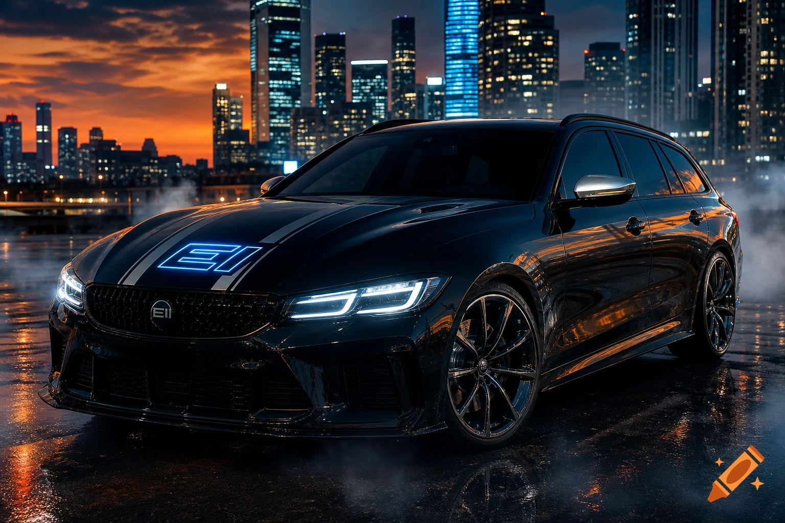Photorealistic black sporty station wagon with a glowing blue 'EI' logo on its hood, parked on a wet street against a city skyline at sunset.