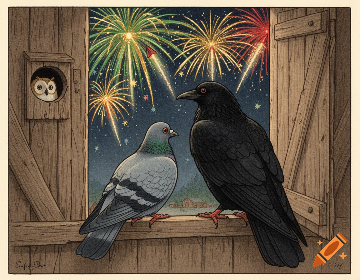 Vintage illustration of a pigeon and a raven sitting on a barn windowsill, looking out at colorful fireworks in the night sky.