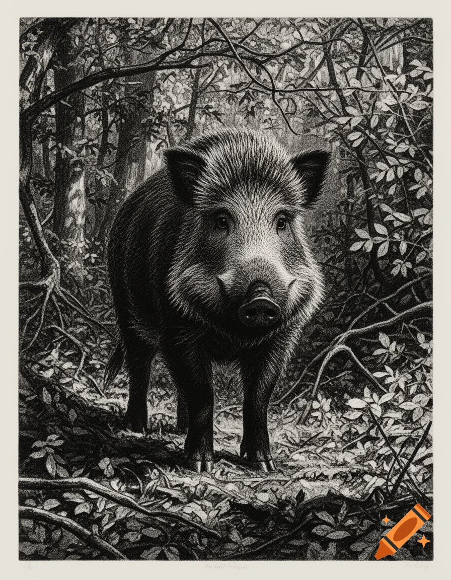 A black and white lithograph of a wild boar standing in a dense, dark forest.