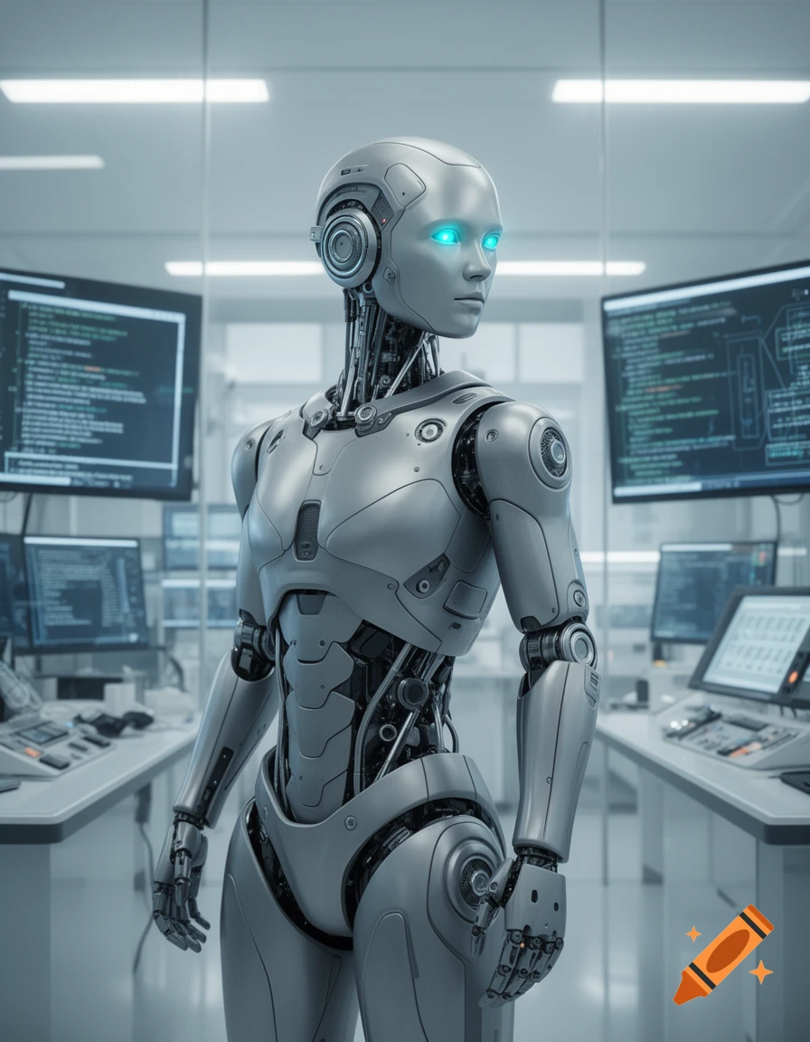 A photorealistic silver robot with glowing blue eyes stands in a futuristic lab with monitors displaying code.