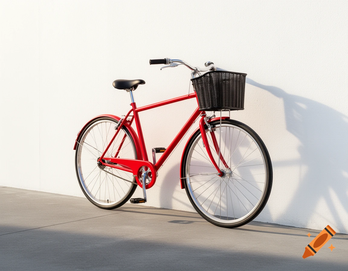 A bright red bicycle with a black basket leans against a clean white wall, casting a shadow.