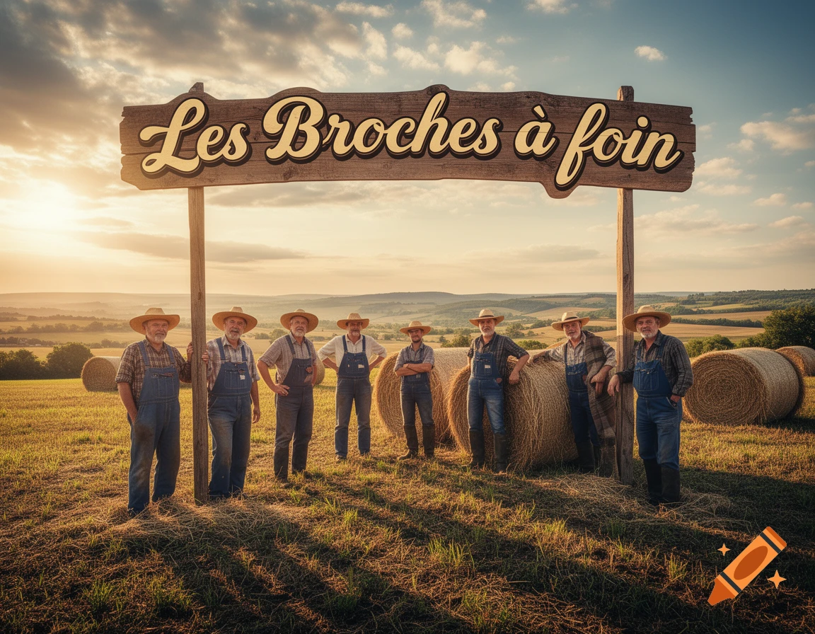 A group of farmers in straw hats and overalls stand with hay bales under a sign that reads 'Les Broches à foin' in a sunny rural field.