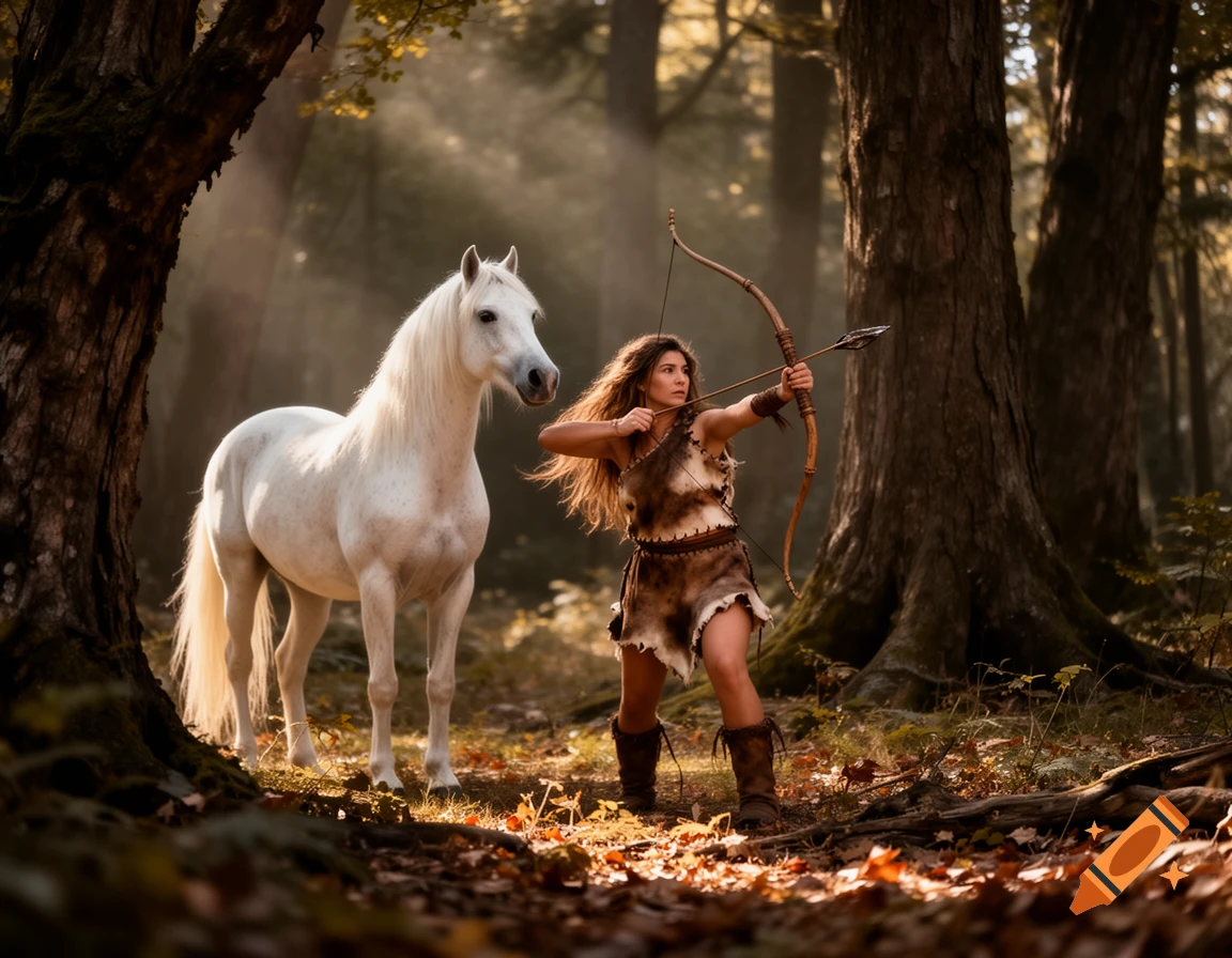 A photorealistic image of a woman in a fur outfit aiming a bow and arrow, standing next to a white horse in a sun-dappled forest.