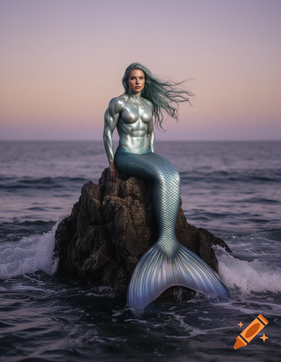 A muscular, silver-painted mermaid with flowing blue hair sits on a rock in the ocean at sunset.