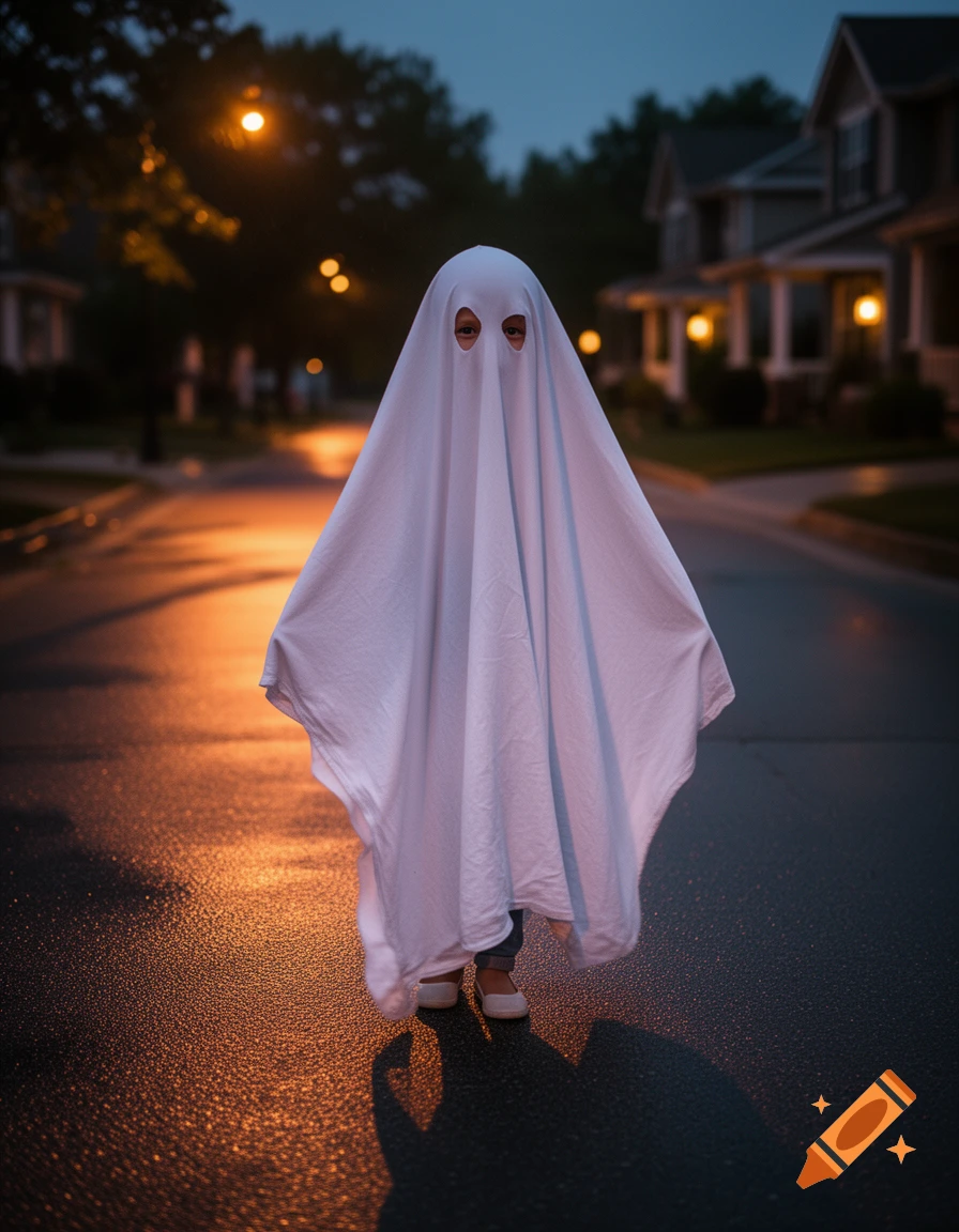 A child in a white ghost sheet costume stands on a wet street at dusk, illuminated by glowing streetlights.