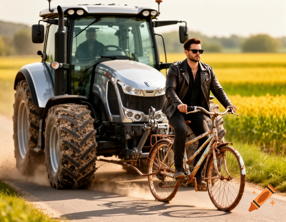 A cool man in a leather jacket and sunglasses rides a rusty bicycle being pulled by a large, new silver tractor on a dirt road next to a field.