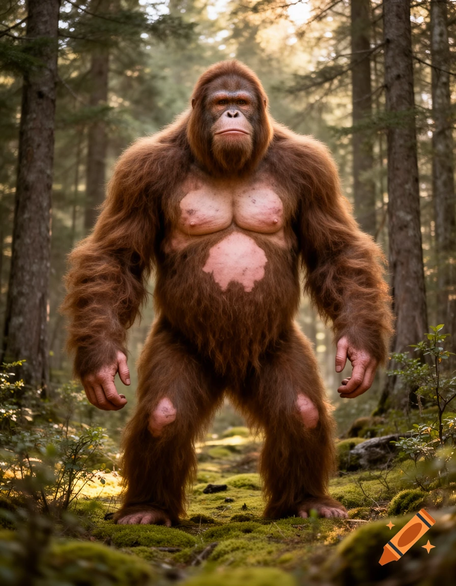 A photorealistic bigfoot creature with brown fur and pinkish skin stands in a sunlit forest.