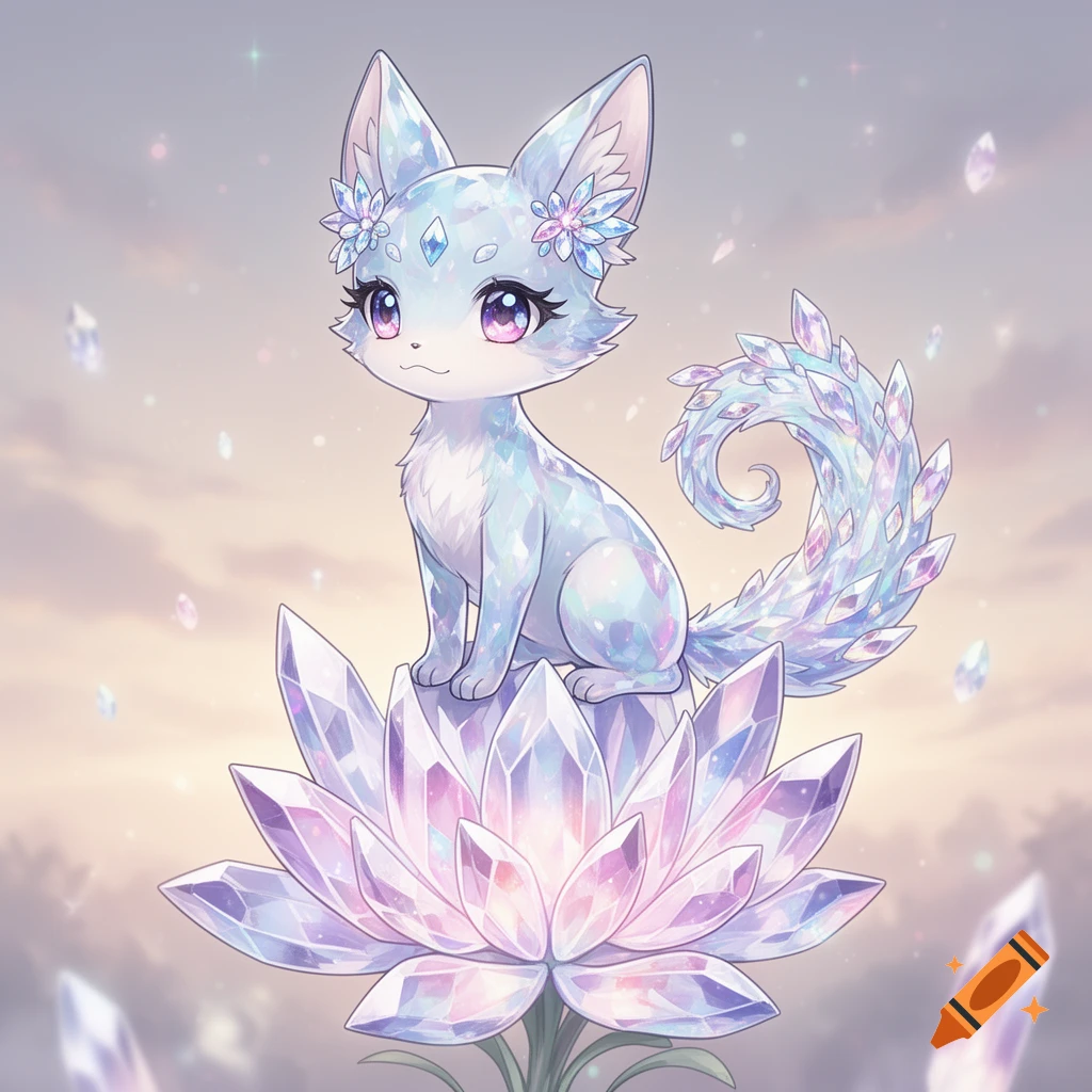 A cute anime crystal creature with purple eyes sits on a large crystal lotus flower, surrounded by floating crystals in a soft sky.