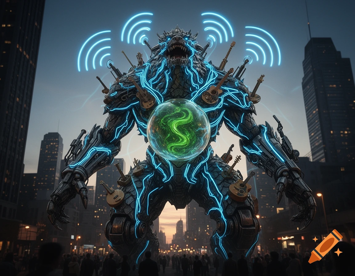 A giant glowing blue mech monster adorned with musical instruments stands in a bustling city under neon Wi-Fi signals.