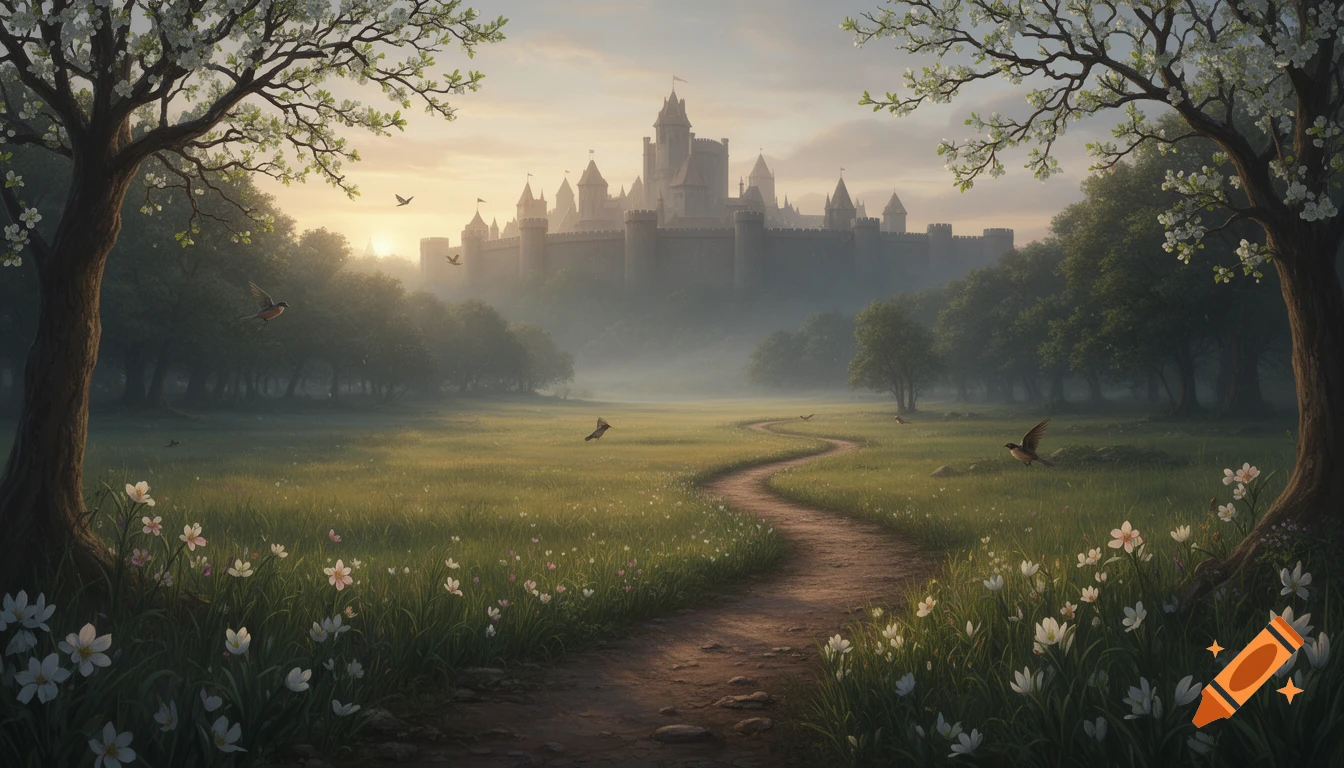 A winding dirt path through a misty, spring field with flowering trees, leading to a distant castle under a hazy sky.