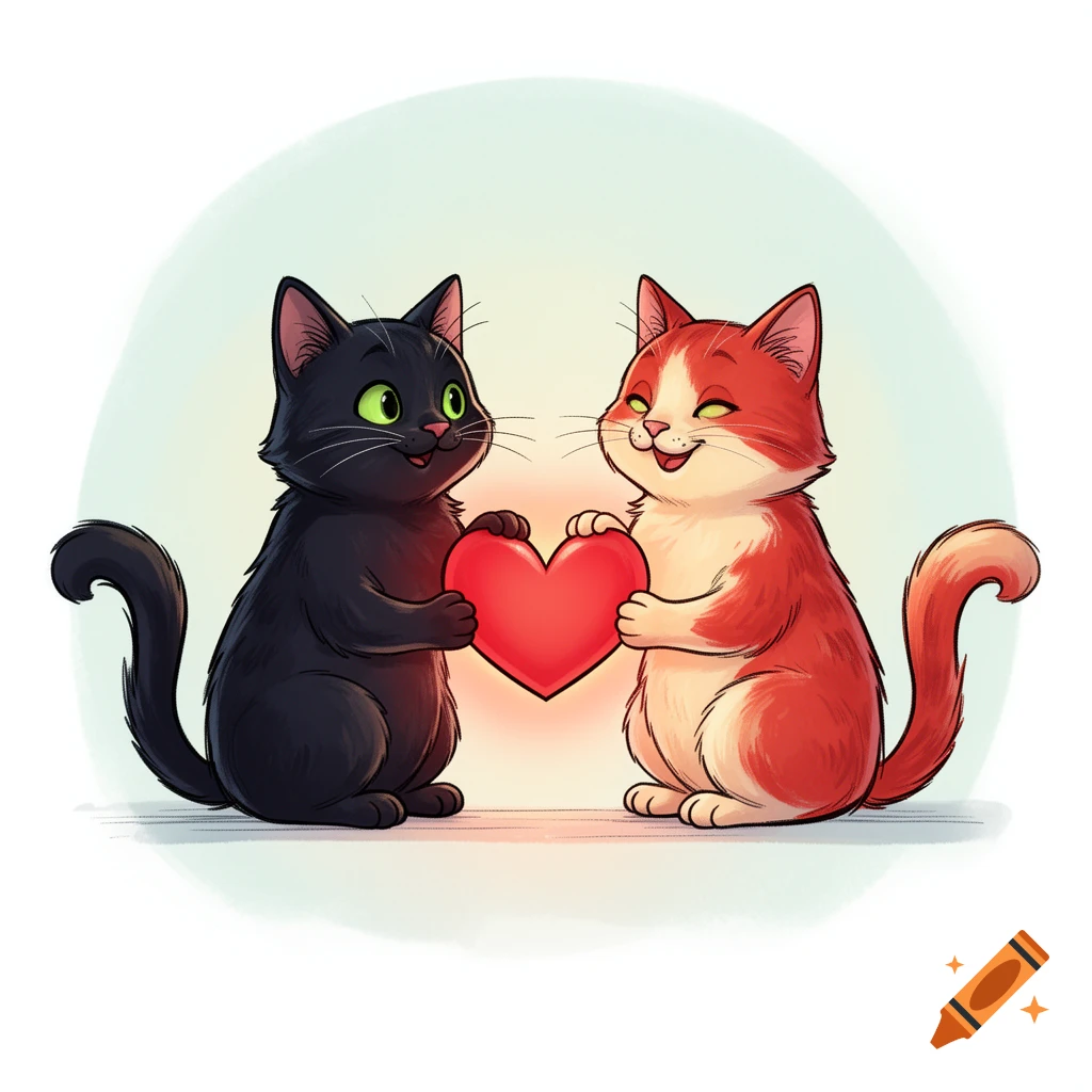 A black cartoon cat and a red-and-cream cat sit together, holding a glowing red heart.