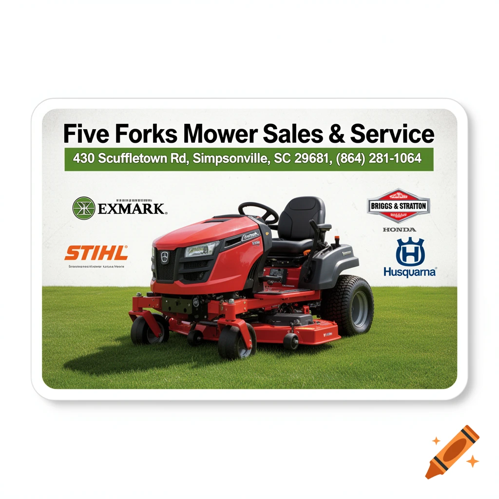 A business sticker for Five Forks Mower Sales & Service, featuring a red Exmark riding lawn mower on green grass. Logos for Exmark, Stihl, Briggs & Stratton, Honda, and Husqvarna are visible.