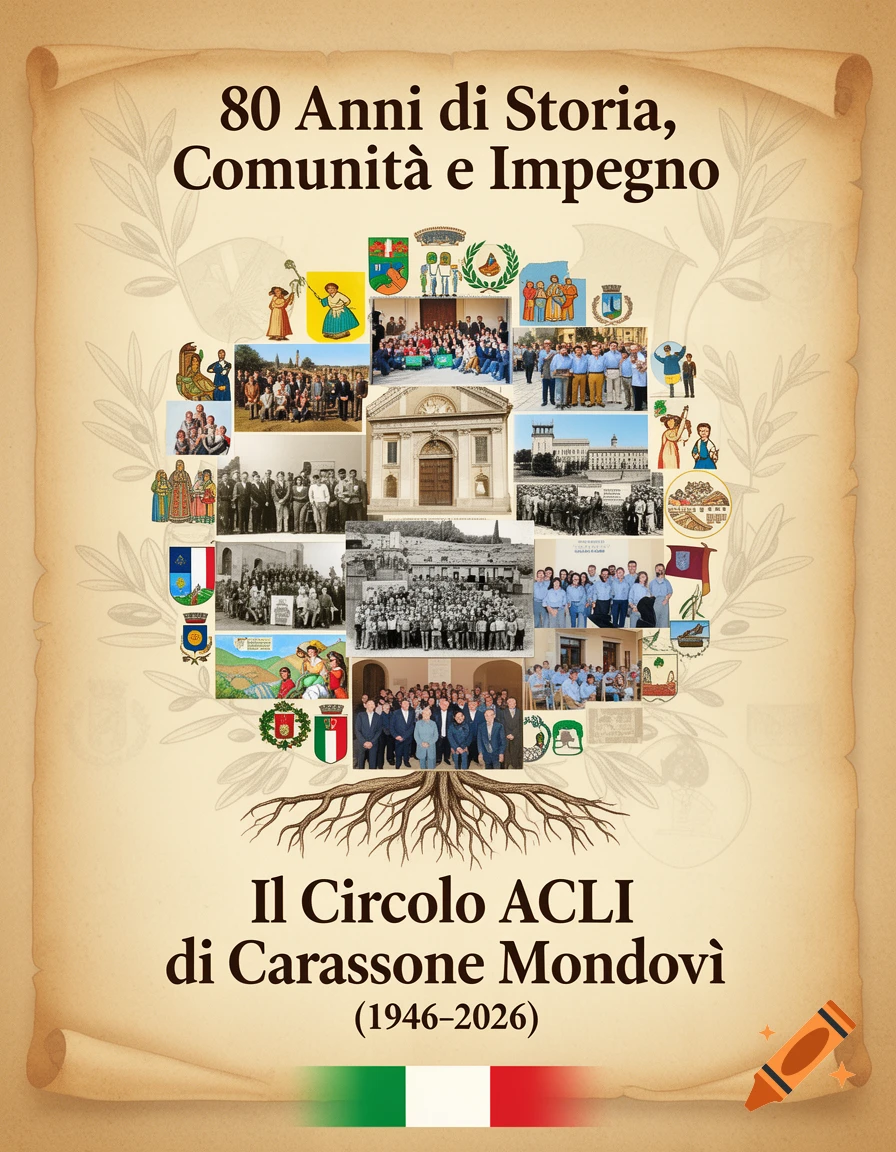 A vintage-style poster celebrating 80 years of 'Il Circolo ACLI di Carassone Mondovì' with a collage of historical photos, emblems, and an Italian flag.