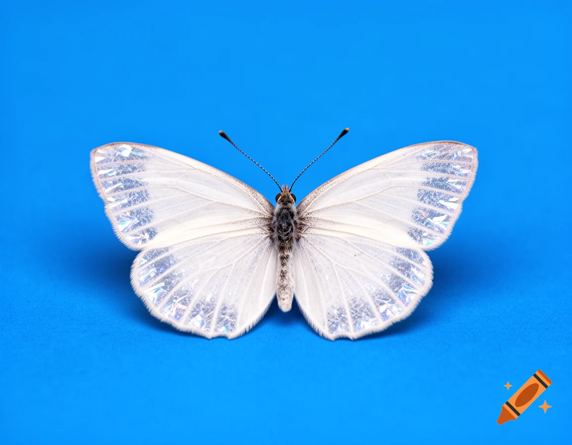 A white butterfly with delicate, iridescent wings rests on a vibrant blue background.