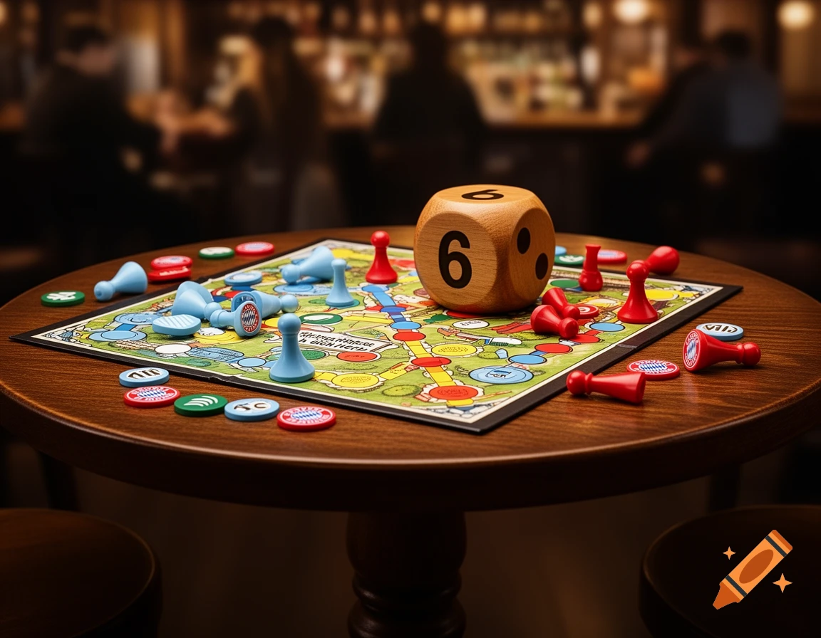 A close-up shot of a board game with red and light blue pawns and tokens on a round wooden table, featuring a large wooden die showing the number 6, in a dimly lit bar setting.