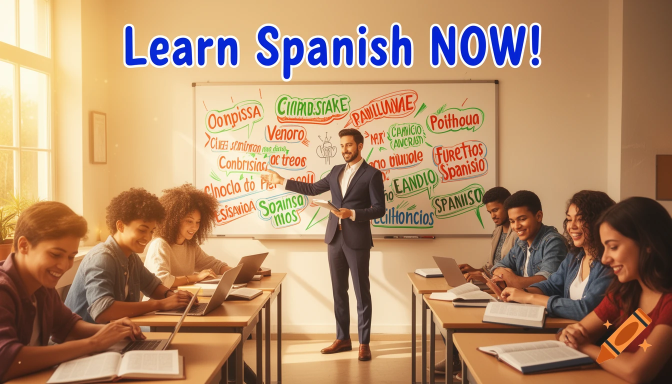 A diverse group of students in a bright classroom with a male teacher pointing at a whiteboard, featuring overlaid text 'Learn Spanish NOW!'