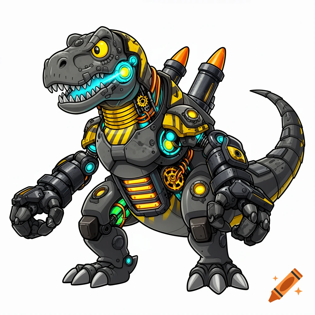 A stylized cartoon cyborg T-Rex with mechanical arms, back rockets, glowing cyan elements, in gunmetal gray and hazard yellow.