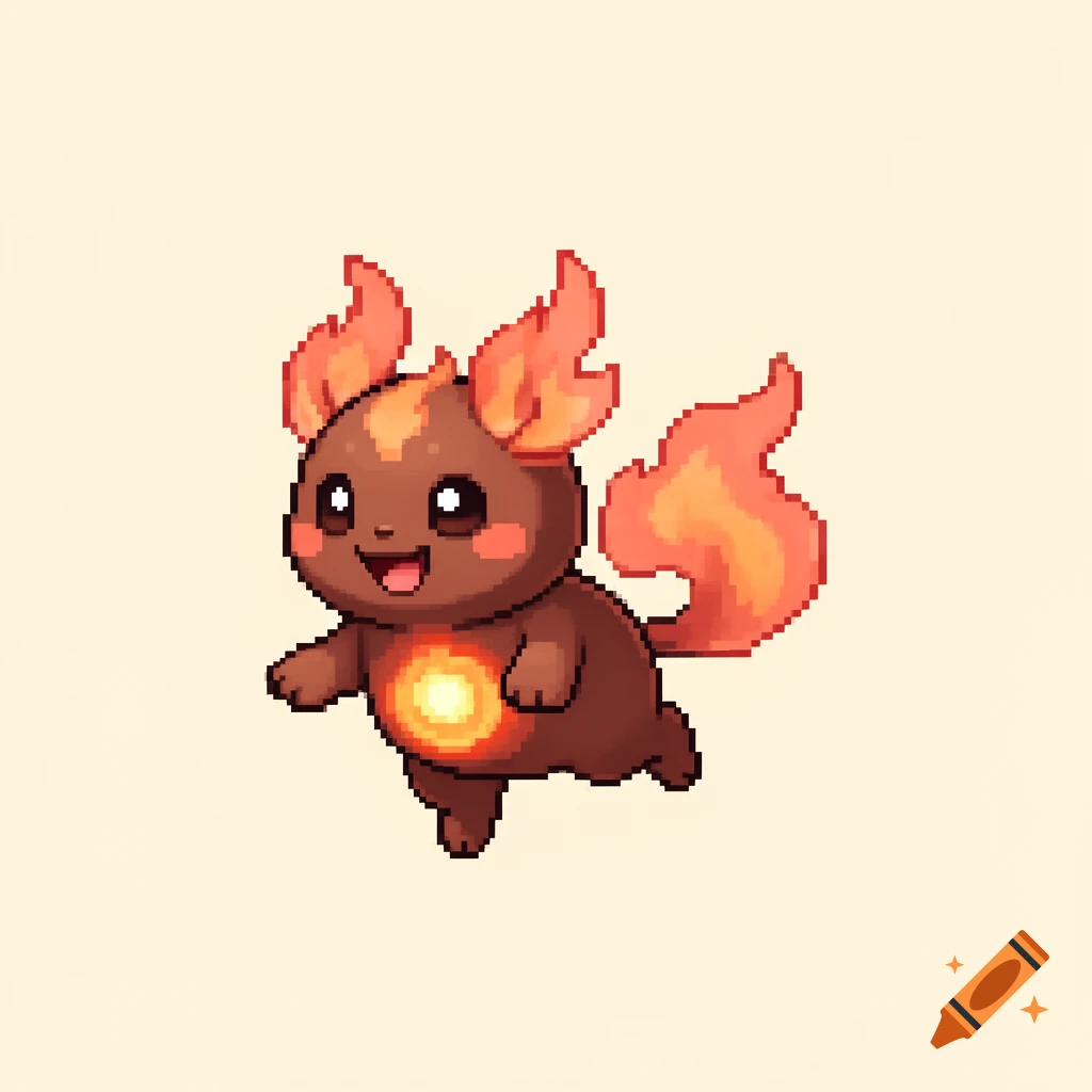 A joyful pixel art fire spirit creature with brown fur, flame ears, a flame tail, and a glowing amber chest, leaping forward.