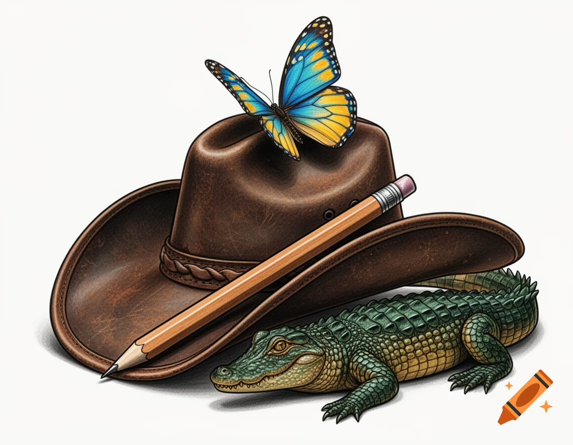 A stylized illustration of a cowboy hat with a blue and yellow butterfly, a drawing pencil, and an alligator.