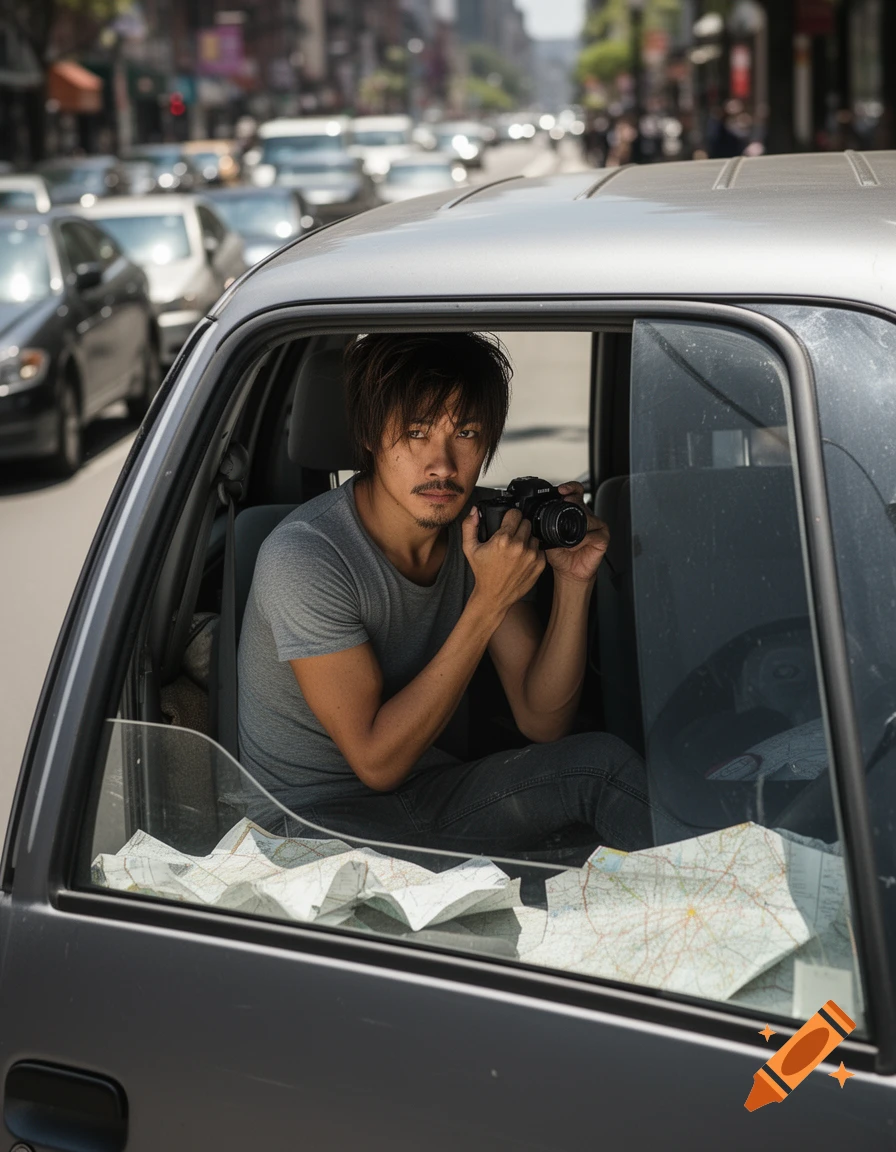 A man with a camera sits in a car on a busy city street, looking out the window.