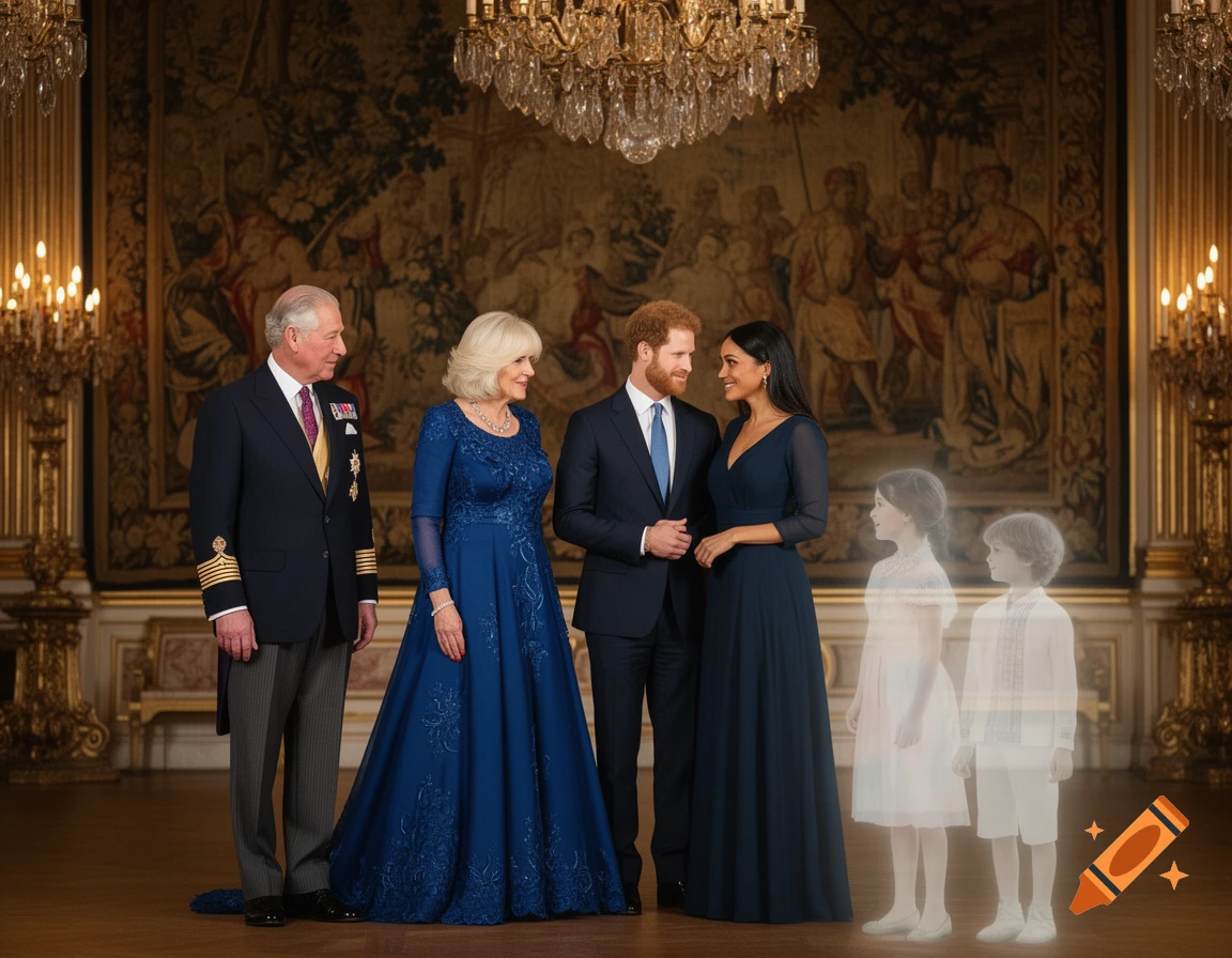 King Charles, Camilla, Harry, and Meghan stand in a grand hall with two translucent children, photorealistic.