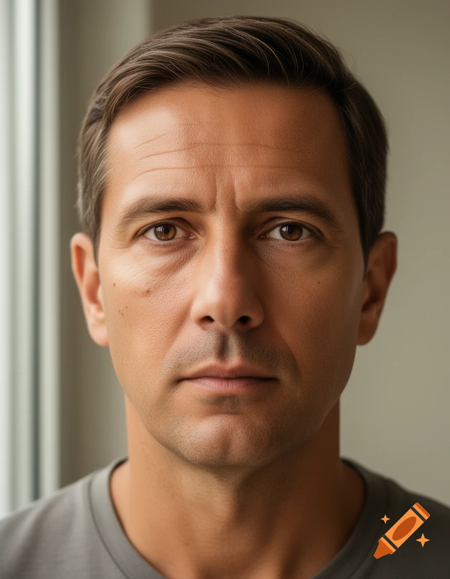 Close-up, photorealistic headshot of a man with brown hair and eyes looking directly at the viewer, wearing a grey shirt.