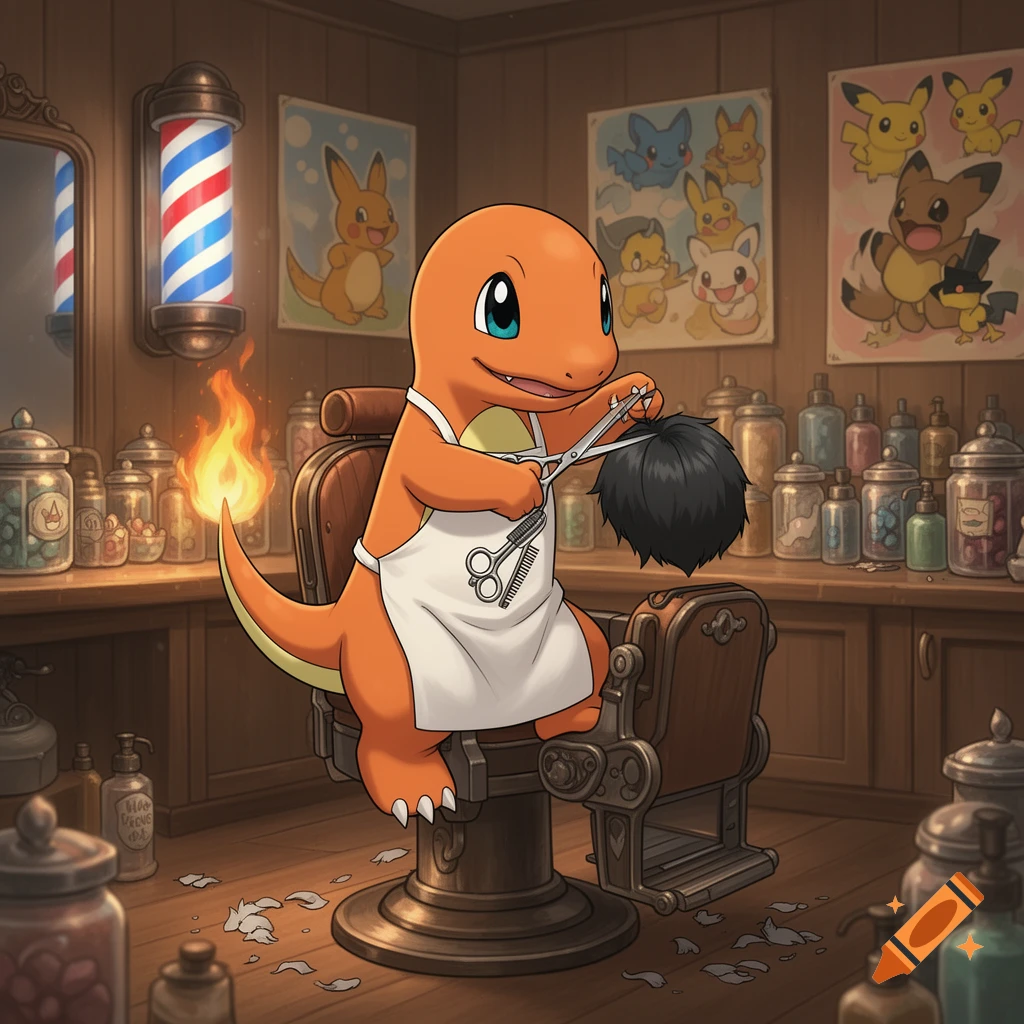 A cartoon Charmander wearing an apron cuts hair in a barbershop, with Pokemon posters on the walls.
