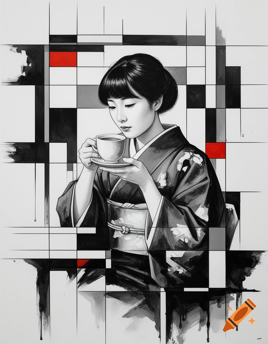 A Japanese girl in a kimono drinks from a teacup, set against a black, white, and red geometric abstract background with sumi-e influences.